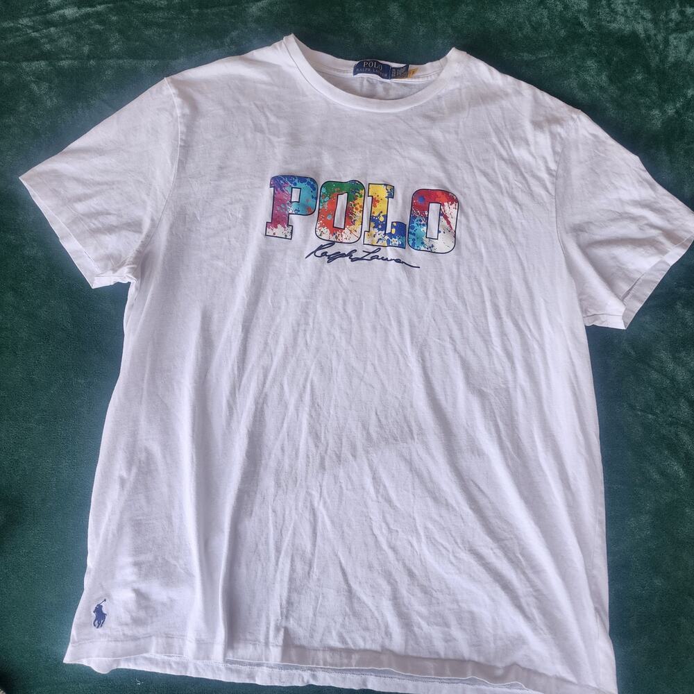 Polo Ralph Lauren Paint Splatter Spellout White T-Shirt XL Colorful Logo Tee